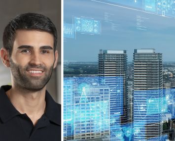 Visitt CEO Itay Oren and an illustration of data hovering over a city.