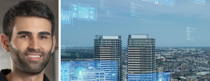 Visitt CEO Itay Oren and an illustration of data hovering over a city.