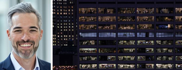 JLL's Jamie Katcher and an office building in Manhattan.