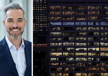 JLL's Jamie Katcher and an office building in Manhattan.