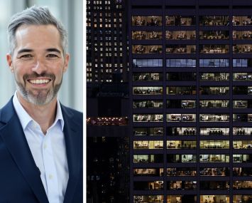 JLL's Jamie Katcher and an office building in Manhattan.