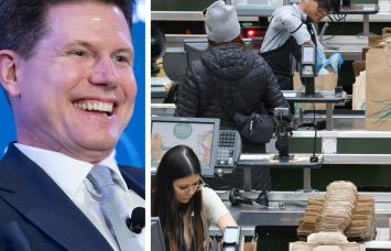 Jason Buechel, CEO of Whole Foods Market, and cashiers bagging groceries at a Whole Food store.