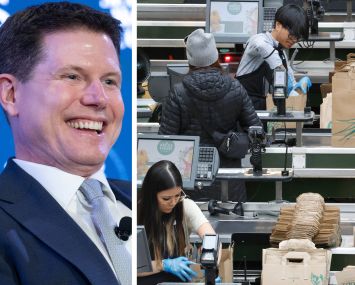 Jason Buechel, CEO of Whole Foods Market, and cashiers bagging groceries at a Whole Food store.