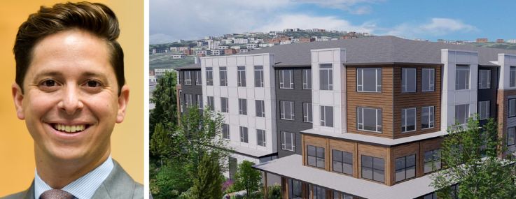 Helaba's Jason Deck and a rendering of the Broadstone East Lake Washington project in Renton, Wash.