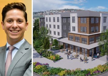 Helaba's Jason Deck and a rendering of the Broadstone East Lake Washington project in Renton, Wash.