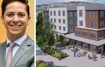 Helaba's Jason Deck and a rendering of the Broadstone East Lake Washington project in Renton, Wash.