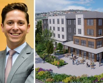 Helaba's Jason Deck and a rendering of the Broadstone East Lake Washington project in Renton, Wash.