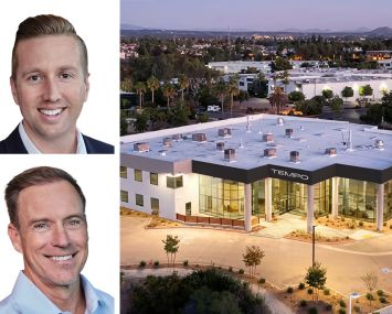 JLL's Joe Anderson (top) and Greg Bisconti, and 6680 Cobra Way in San Diego.