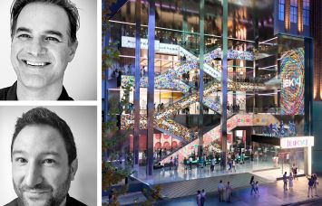 Dreamscape's Joshua Strauss (top) and Scott Zinovoy, and a rendering of BKX planned for 422 Fulton Street, Brooklyn.