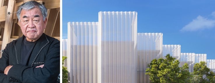 Architect Kengo Kuma and a rendering of MIRAI Design District, Miami.