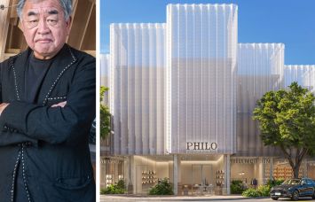 Architect Kengo Kuma and a rendering of MIRAI Design District, Miami.