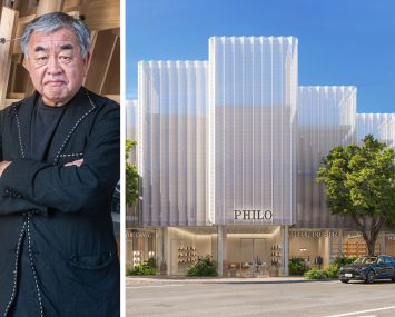 Architect Kengo Kuma and a rendering of MIRAI Design District, Miami.