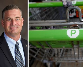 Publix CEO Kevin Murphy and shopping carts at a Publix supermarket.