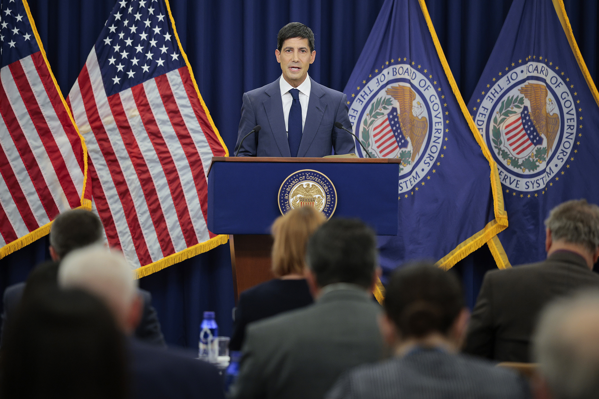 Federal Reserve Chair Kevin Warsh speaks to reporters during his first news conference.