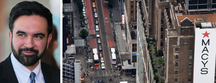 Mayor Zohran Mamdani and an overhead view of 34th Street.