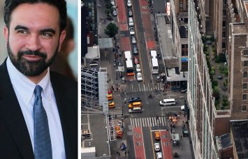 Mayor Zohran Mamdani and an overhead view of 34th Street.