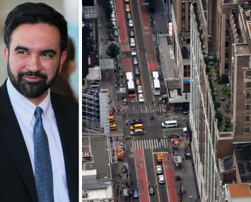 Mayor Zohran Mamdani and an overhead view of 34th Street.