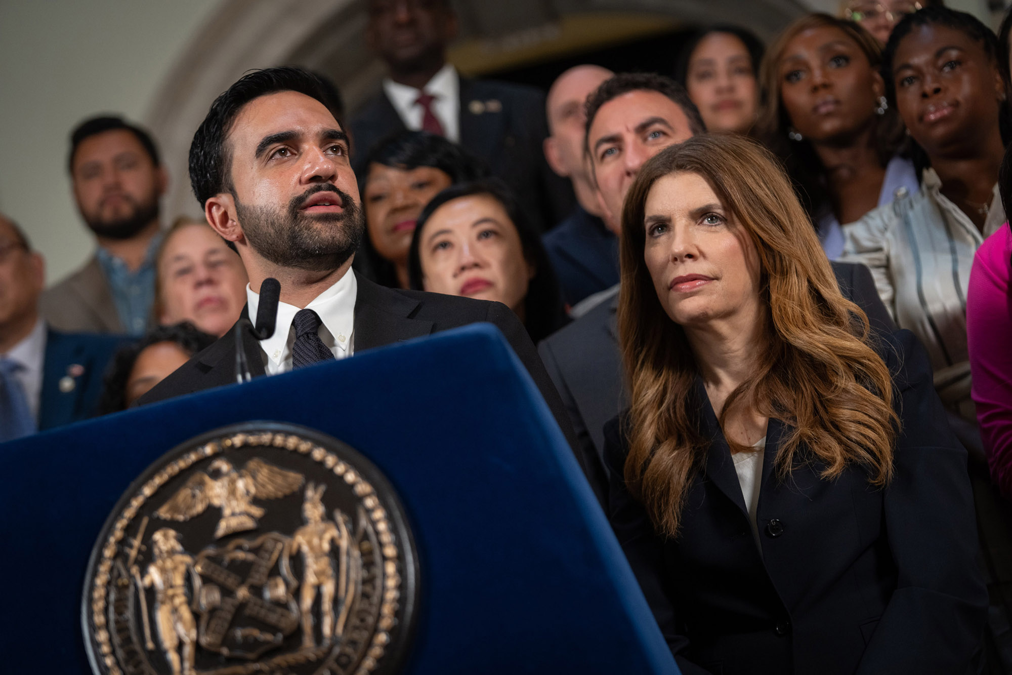 Mayor Zohran Mamdani (left) and City Council Speaker Julie Menin (right) announce a handshake agreement on a balanced budget for fiscal year 2027 at City Hall on Tuesday.