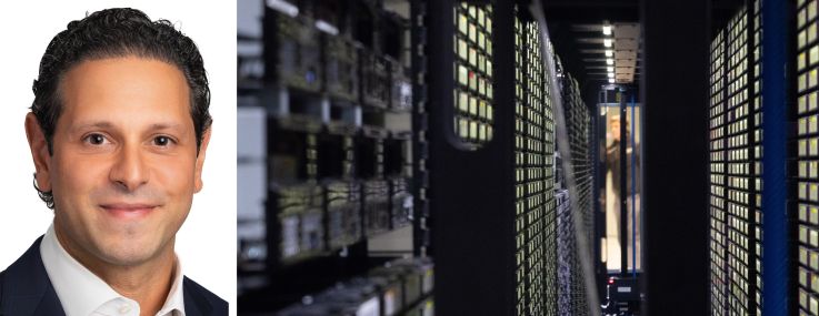 Blue Owl co-president Marc Zahr and a tape library for archiving inside a data center.