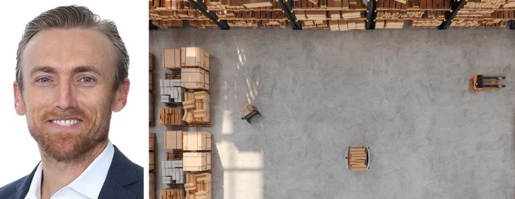 Matt Stewart of JLL Capital Markets and a warehouse interior.