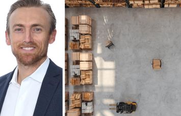 Matt Stewart of JLL Capital Markets and a warehouse interior.