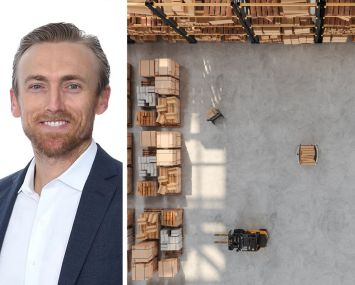 Matt Stewart of JLL Capital Markets and a warehouse interior.