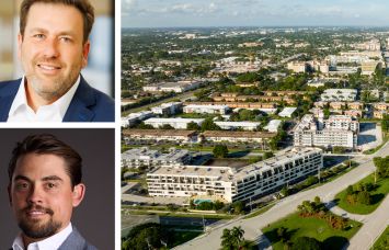 Berkadia's Mitch Sinberg (top) and Michael Basinski, and an aerial view of downtown Boca Raton, Fla.