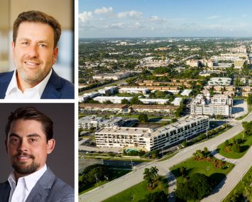 Berkadia's Mitch Sinberg (top) and Michael Basinski, and an aerial view of downtown Boca Raton, Fla.