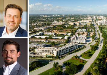 Berkadia's Mitch Sinberg (top) and Michael Basinski, and an aerial view of downtown Boca Raton, Fla.