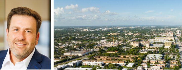 Berkadia's Mitch Sinberg (top) and Michael Basinski, and an aerial view of downtown Boca Raton, Fla.