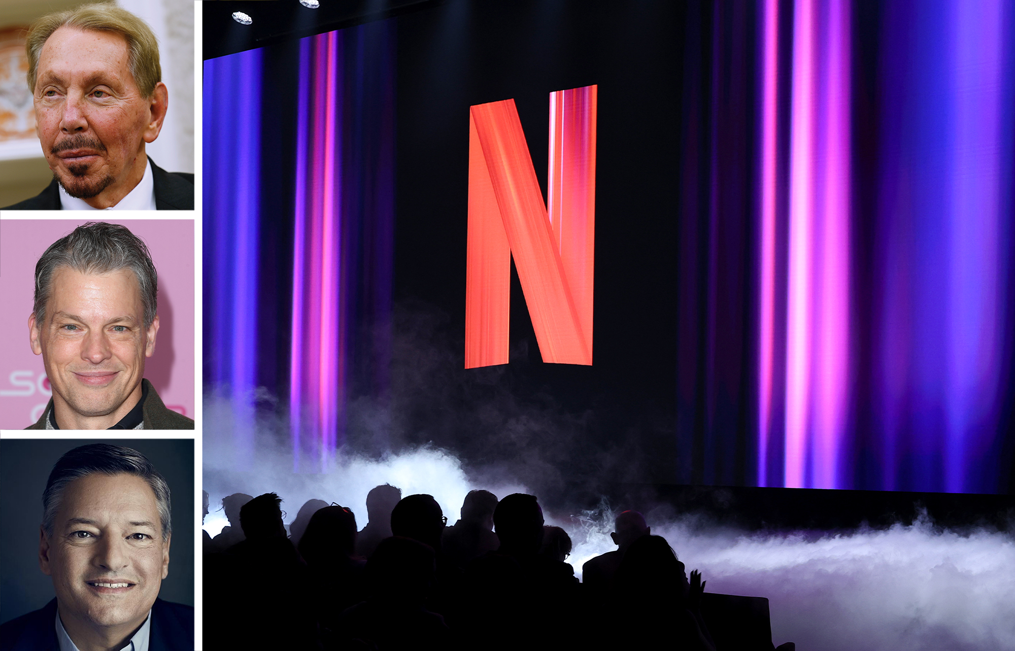 Larry Ellison (top) of Paramount, Greg Peters (center), and Ted Sarandos (bottom) of Netflix and a Netflix sound stage.