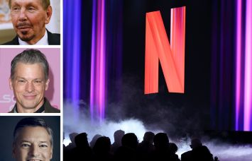 Larry Ellison (top) of Paramount, Greg Peters (center), and Ted Sarandos (bottom) of Netflix and a Netflix sound stage.