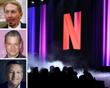 Larry Ellison (top) of Paramount, Greg Peters (center), and Ted Sarandos (bottom) of Netflix and a Netflix sound stage.