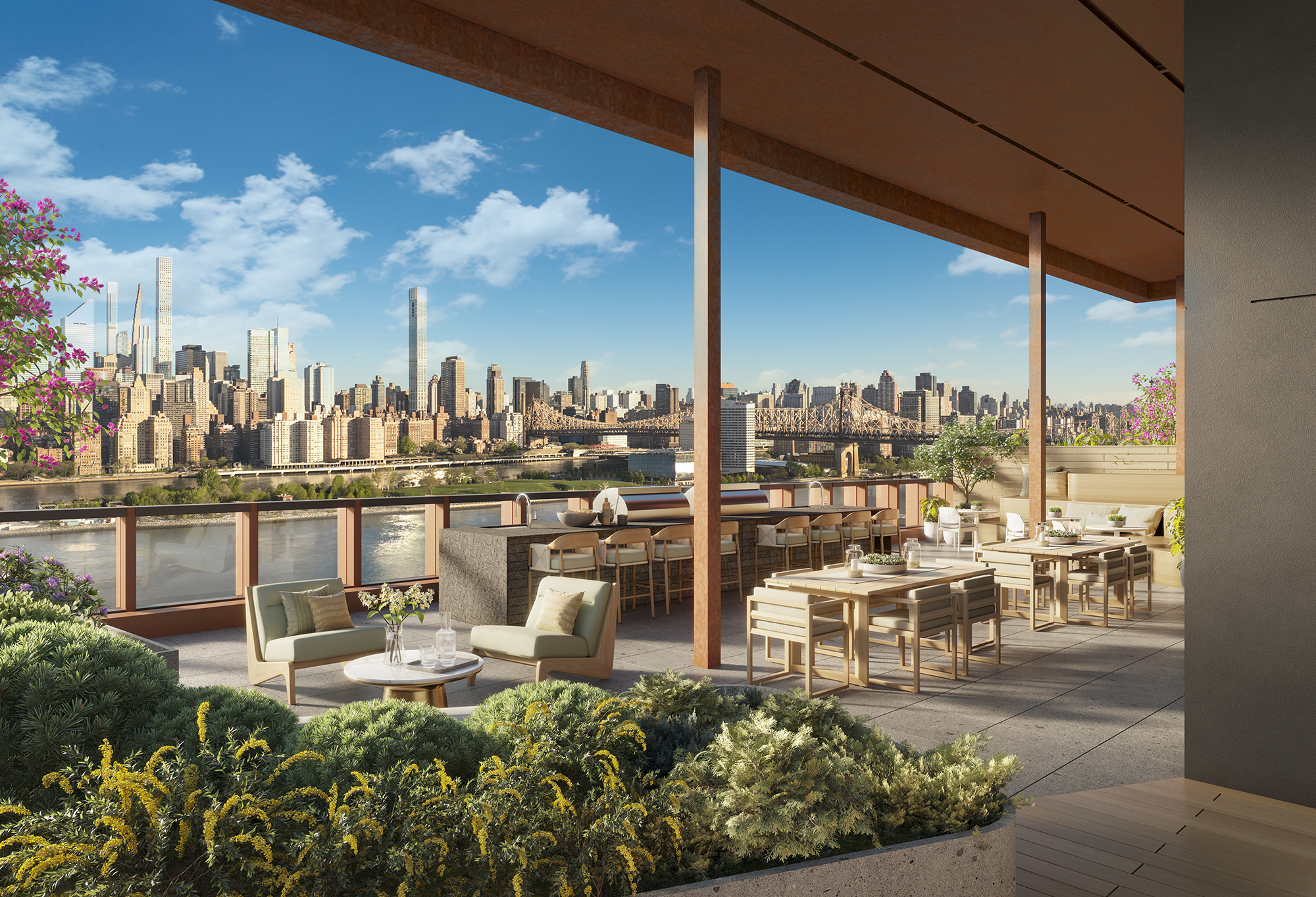 Amenities include a landscaped rooftop, a fitness center, a pickleball court, a children’s play center, and a coworking lounge equipped with a pool table.