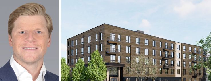 Colliers's Patrick Boyle and a rendering of 269 Lenox Street, Norwood, Mass.