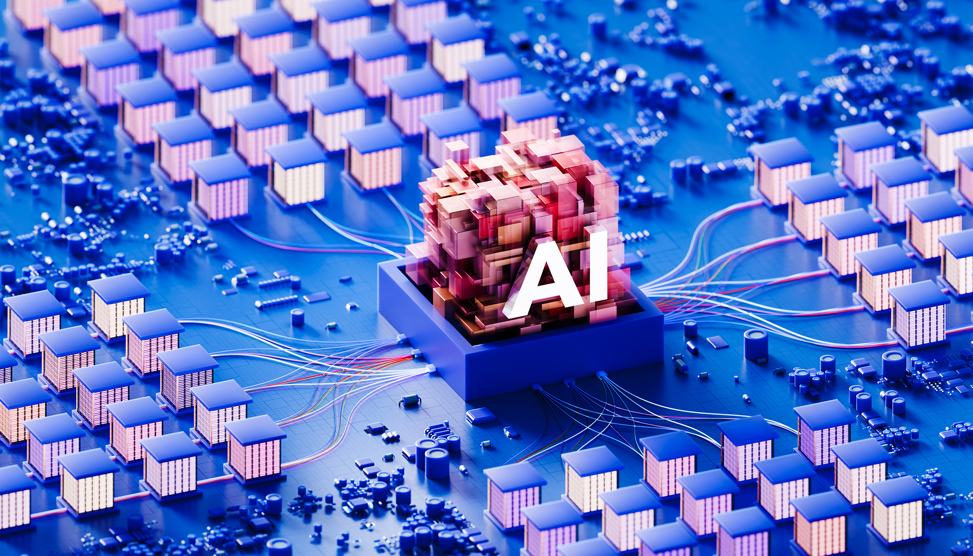 Illustration of a central red and pink AI cube with white AI lettering placed on a blue circuit board base, surrounded by scattered glowing server racks, electronic components and colorful connection lines.