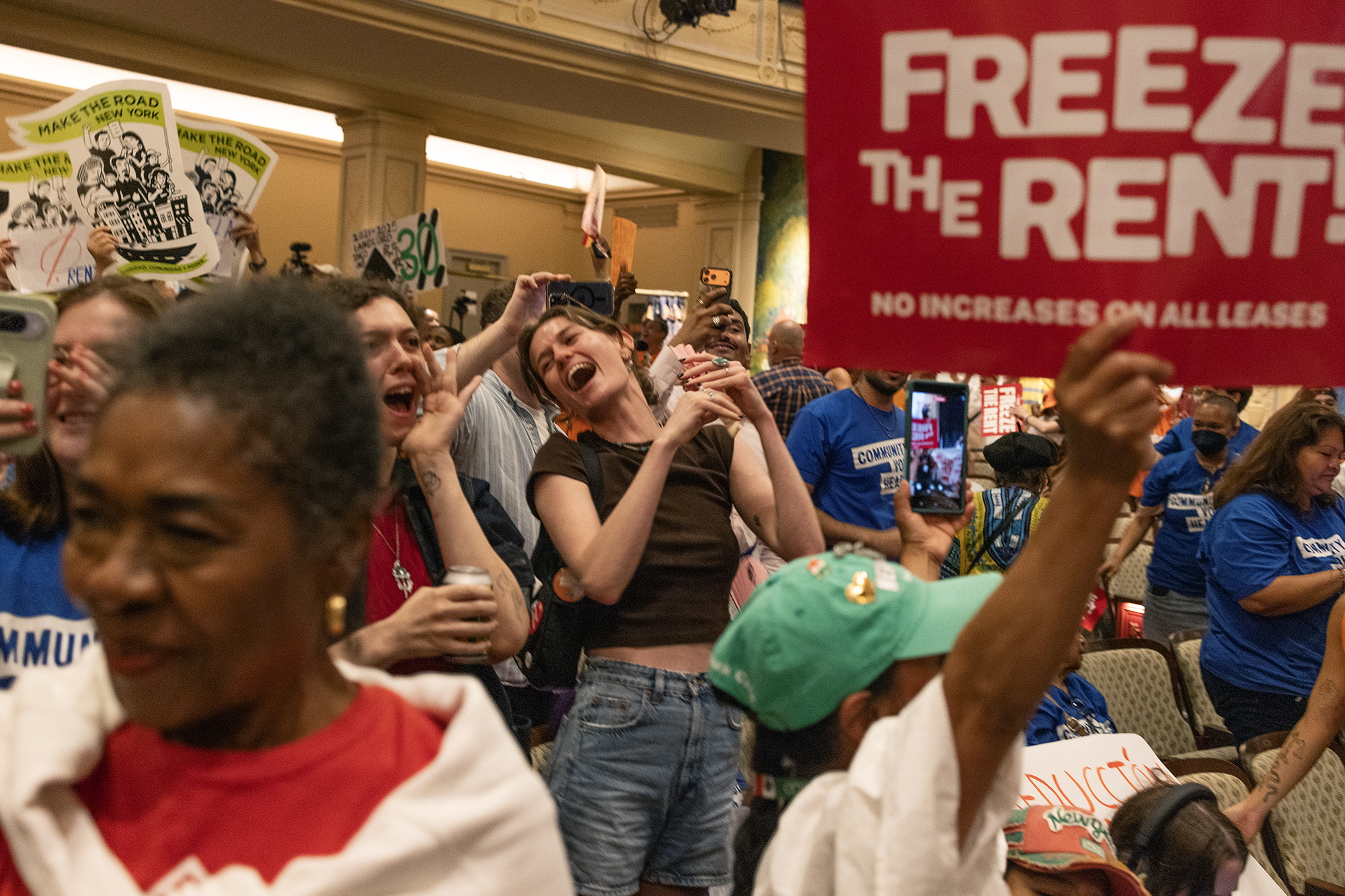 Tenant rights groups celebrate at the final hearing of the New York City Rent Guidelines Board on June 25.