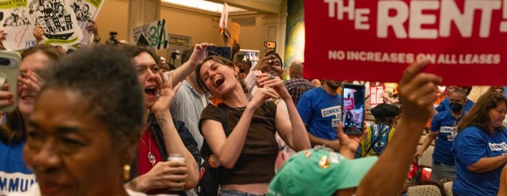 Tenant rights groups celebrate at the final hearing of the New York City Rent Guidelines Board on June 25.