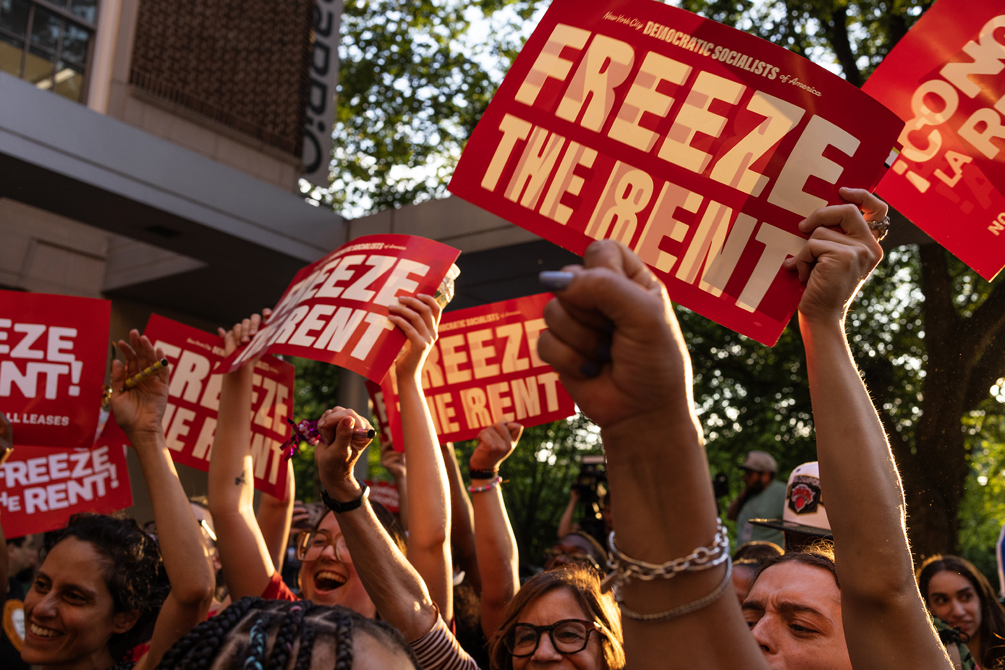 Tenant rights groups celebrate at the final hearing of the New York City Rent Guidelines Board on June 25 after the board voted for a zero percent increase in rent stabilized apartments.