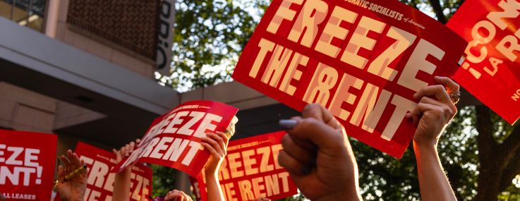 Tenant rights groups celebrate at the final hearing of the New York City Rent Guidelines Board on June 25 after the board voted for a zero percent increase in rent stabilized apartments.