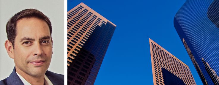 Northwind Group's Ran Eliasaf (top), Brookfield's Brian Kingston, and 333 South Grand Avenue in Los Angeles.