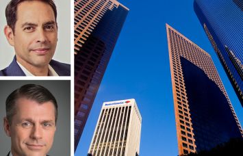 Northwind Group's Ran Eliasaf (top), Brookfield's Brian Kingston, and 333 South Grand Avenue in Los Angeles.