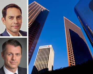 Northwind Group's Ran Eliasaf (top), Brookfield's Brian Kingston, and 333 South Grand Avenue in Los Angeles.