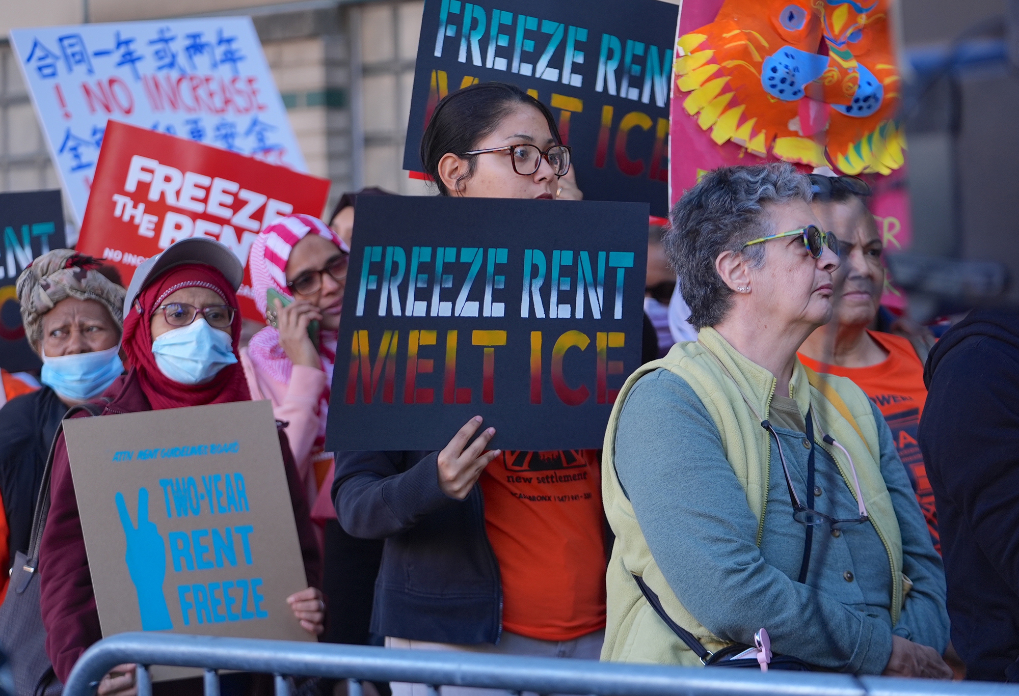 New Yorkers gather to demand a rent freeze on rent-stabilized apartments in May.