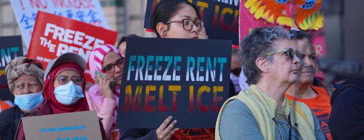 New Yorkers gather to demand a rent freeze on rent-stabilized apartments in May.