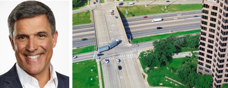 Harbor Group International's Richard Litton (top), Berkadia's Charles Foschini, and an aerial view of Irving, Texas.