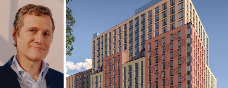 Tishman Speyer's Rob Speyer and a rendering of the Edgemere Commons B2 project in Far Rockaway, Queens.