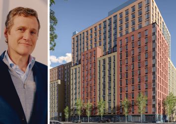 Tishman Speyer's Rob Speyer and a rendering of the Edgemere Commons B2 project in Far Rockaway, Queens.