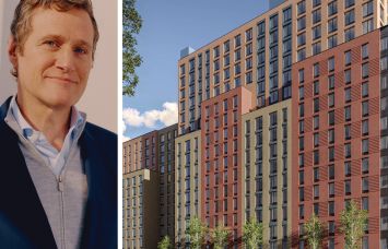 Tishman Speyer's Rob Speyer and a rendering of the Edgemere Commons B2 project in Far Rockaway, Queens.