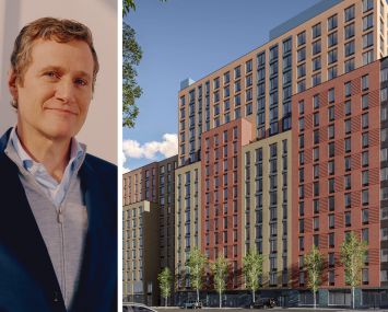 Tishman Speyer's Rob Speyer and a rendering of the Edgemere Commons B2 project in Far Rockaway, Queens.